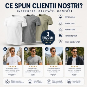 Set 3 Tricouri Bărbați 100% Bumbac Regular Clasic – Alb, Gri Închis și Kaki Deschis | S-3XL - Img 10