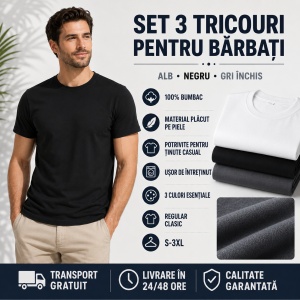 Set 3 Tricouri Bărbați 100% Bumbac Regular Clasic – Alb, Negru și Gri S - 3XL - Img 10