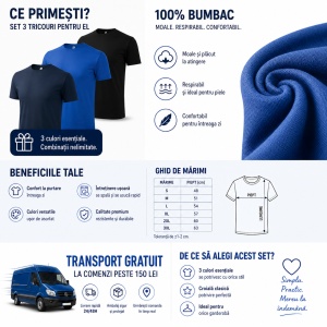 Set 3 Tricouri Bărbați 100% Bumbac Regular Clasic – Albastru Marin, Albastru Regal și Negru | S-3XL - Img 2