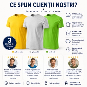 Set 3 Tricouri Bărbați 100% Bumbac Regular Clasic – Galben, Gri Deschis și Verde Mar | S-3XL - Img 10