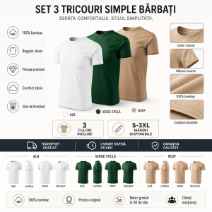 Set 3 Tricouri Bărbați 100% Bumbac Regular Clasic – Nisip, Verde Sticlă și Alb | S-3XL - Img 2