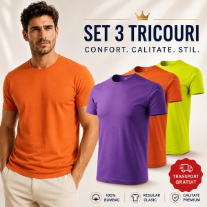 Set 3 Tricouri Bărbați 100% Bumbac Regular Clasic – Violet, Portocaliu și Galben Lime | S-3XL
