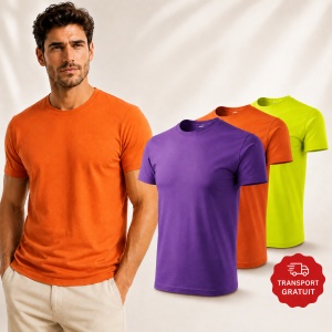 Set 3 Tricouri Bărbați 100% Bumbac Regular Clasic – Violet, Portocaliu și Galben Lime | S-3XL - Img 11