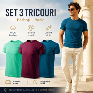 Set 3 Tricouri Bărbați 100% Bumbac Regular Fit – Albastru Petrol, Vișiniu, Verde Mentă | S-3XL