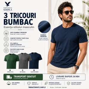 Set 3 Tricouri Bărbați 100% Bumbac Regular Fit – Gri Ardezie, Albastru Marin, Verde - Img 9