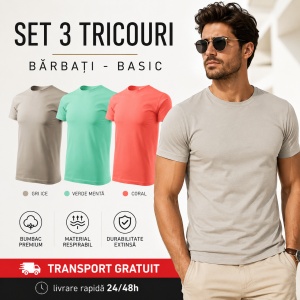 Set 3 Tricouri Bărbați 100% Bumbac Regular Fit – Gri Ice, Verde Mentă, Coral | S-3XL