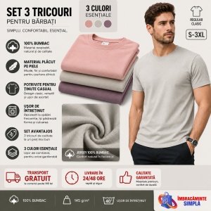 Set 3 Tricouri Bărbați 100% Bumbac Regular Fit – Roz, Gri Deschis, Orchid | S-3XL - Img 4
