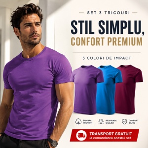 Set 3 Tricouri Bărbați 100% Bumbac Regular Fit – Violet, Blue Snorkel, Vișiniu