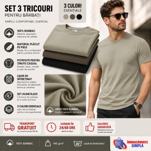 Set 3 Tricouri Bărbați Bumbac 100%, Regular Fit Casual, Army, Kaki Deschis, Negru, S - 3XL, Transport Gratuit 132 - Img 7
