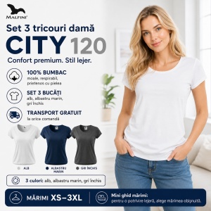 Set 3 tricouri bumbac 100%, cu banda aplicata jos elegant casual pentru femei 120 - Alb Gri Albastru Marin - Img 6