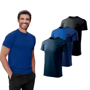 Set 3 tricouri bumbac 100% simplu clasic pentru barbati, Albastru marin, Negru, Albastru - 132 - Img 1