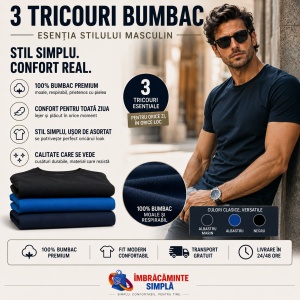 Set 3 tricouri bumbac 100% simplu clasic pentru barbati, Albastru marin, Negru, Albastru - 132 - Img 9