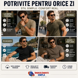 Set 3 tricouri bumbac 100% simplu clasic pentru barbati, army, kaki deschis, gri ardezie 132 - Img 9