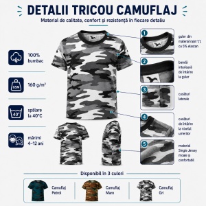 Set 3 tricouri camuflaj copii, 100% bumbac, pentru fete și băieți, mărimi 4–12 ani - Img 3