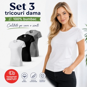 Set 3 tricouri clasice simple dama bumbac 100%, casual pentru femei, alb, negru, gri inchis 134 - Img 5