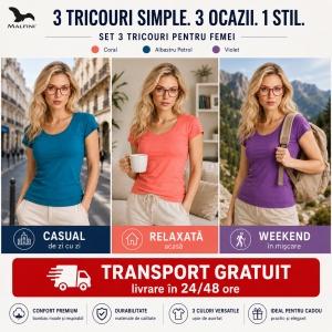 Set 3 Tricouri Damă 100% Bumbac – Albastru, Coral și Violet | Model 122 | Transport Gratuit - Img 4