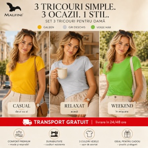 Set 3 Tricouri Damă 100% Bumbac – Casual Clasic, Galben, Gri Deschis și Verde Măr | Transport Gratuit - Img 5