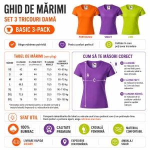 Set 3 Tricouri Damă 100% Bumbac – Casual Clasic, Portocaliu, Violet și Lime | Transport Gratuit - Img 3