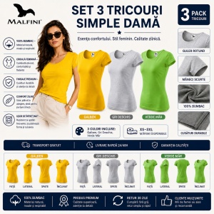 Set 3 Tricouri Damă 100% Bumbac – Elegant Casual cu Decolteu, Galben, Gri și Verde Măr | Transport Gratuit | Model 122 - Img 2