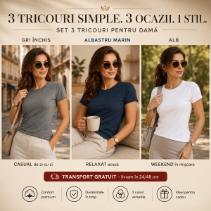 Set 3 Tricouri Damă 100% Bumbac | Gri Închis, Albastru Marin, Alb - Img 5