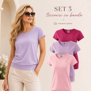 Set 3 Tricouri Damă cu Bandă Jos, 100% Bumbac – Purpuriu, Orchid și Roz - Img 5