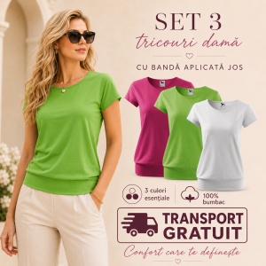 Set 3 Tricouri Damă cu Bandă Jos | 100% Bumbac, Purpuriu, Verde Măr și Alb
