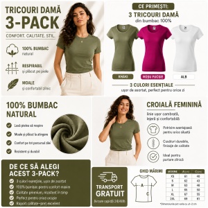 Set 3 tricouri damă din bumbac 100% – Viper 161, Khaki, Roșu Fucsie și Alb, croială feminină - Img 2