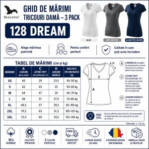 Set 3 tricouri damă Malfini 128 Dream, decolteu în V, 95% bumbac, alb, gri închis, albastru marin - Img 3