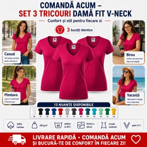 Set 3 Tricouri Damă Malfini Fit V-Neck 162 – 100% Bumbac, Croială Cambrată, Guler în V, 13 Culori - Img 9