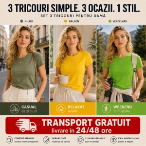 Set 3 Tricouri Damă Simple 100% Bumbac – Galben, Khaki și Verde Măr - Img 4