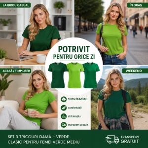 Set 3 tricouri dama simple bumbac 100%, casual clasic pentru femei verde mediu, verde mar, verde sticla 133 - Img 6