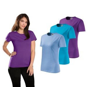 Set 3 tricouri dama simple bumbac 100%, casual clasic pentru femei multicolor, albastru deschis, turcoaz, violet 133 - Img 1