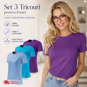 Set 3 tricouri dama simple bumbac 100%, casual clasic pentru femei multicolor, albastru deschis, turcoaz, violet 133 - Img 5