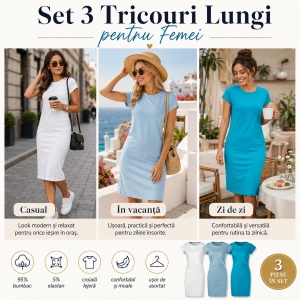 Set 3 Tricouri Lungi Damă Tip Rochie Freedom 178 – Alb, Albastru Deschis, Turcoaz, Bumbac, Croială Lejeră, XS–2XL - Img 8