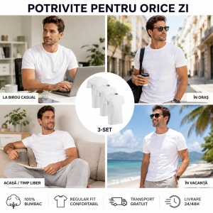 Set 3 Tricouri pentru Bărbați, Alb | Bumbac 100% - P73 - Img 9