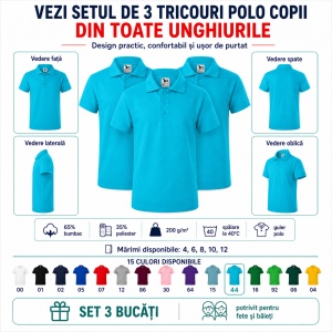 Set 3 tricouri polo copii, fete și băieți, 65% bumbac, 200 g/mp, aceeași culoare - Img 5