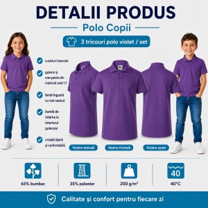 Set 3 tricouri Polo Copii - Violet din bumbac pentru copii Pique Polo Violet - Img 3