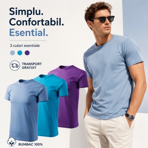 Set 3 tricouri simple clasice barbati, albastru deschis, trucuaz, violet - Img 9