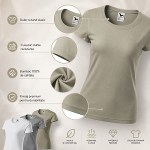 Set 3 tricouri simple dama bumbac clasic casual pentru femei, alb, gri inchis, kaki deschis 134 - Img 10