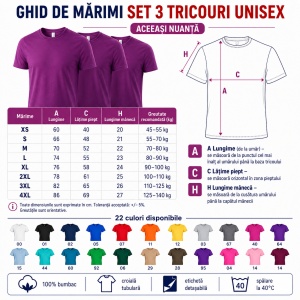 Set 3 tricouri unisex damă și bărbat, 100% bumbac, aceeași culoare, 22 nuanțe disponibile - Img 4