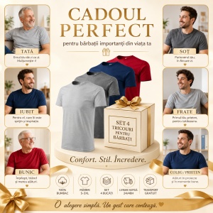 Set 4 Tricouri Bărbați 100% Bumbac Basic – Alb, Gri Închis, Albastru Închis și Gri Deschis | S-3XL - Img 5