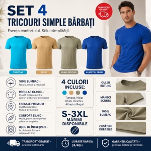 Set 4 Tricouri Bărbați 100% Bumbac Basic – Turcoaz, Nisip, Khaki Deschis și Albastru Regal | S-3XL - Img 5