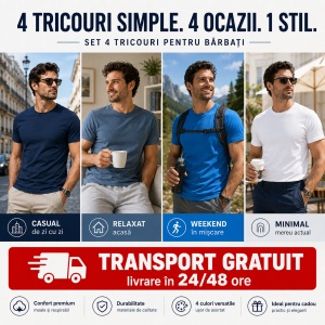 Set 4 Tricouri Bărbați 100% Bumbac Regular Clasic – Denim, Albastru Azuriu, Albastru Marin și Alb | S-3XL - Img 6