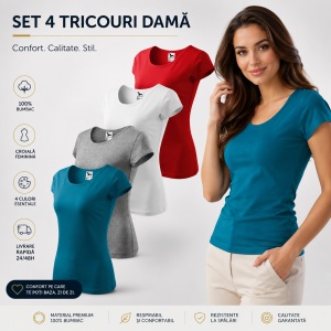Set 4 Tricouri Damă 100% Bumbac – Casual Clasic, Albastru Petrol, Gri, Alb și Roșu | Transport Gratuit