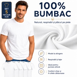 Set 5 tricouri albe barbat simple, bumbac 100%, lejere la purtat, clasic pentru barbati, Alb -132 - Img 5