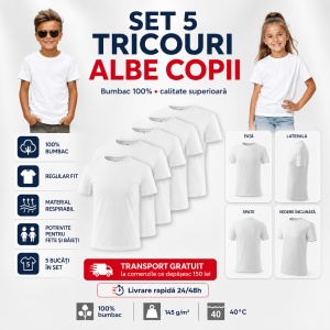 Set 5 Tricouri Albe Copii | Bumbac 100% Calitate Superioară - Img 9
