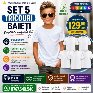Set 5 Tricouri Albe Copii din Bumbac 100% pentru fete și băieți - Img 5