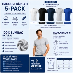 Set 5 Tricouri Bărbat Bumbac 100% | alb,negru,albastru marin gri deschis , si albastru regal | Transport Gratuit - Img 3