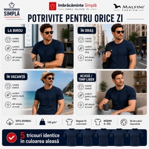 Set 5 Tricouri Bărbat în Aceeași Nuanță, 100% Bumbac, 145 g/m², Guler Rotund, 26 Culori, Mărimi S–3XL - Img 5