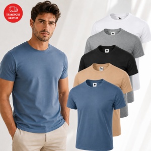 Set 5 Tricouri Bărbați 100% Bumbac – Alb, Negru, Nisip, Denim și Gri | S-3XL